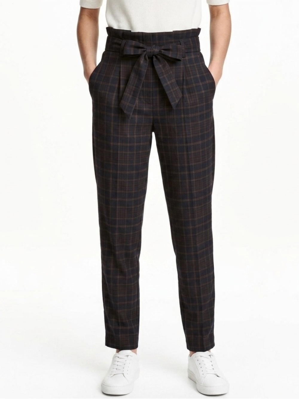 H&M Women’s Navy Blue Check Paper Bag Tapered Trousers Size 4 Plaid Design